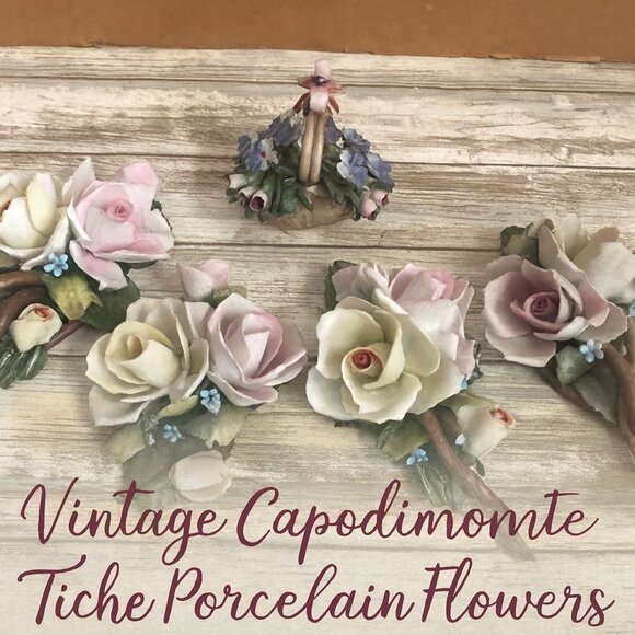 Vintage Capodimonte Tiche Porcelain Flower Figurines Lot of 5 Roses Basket - Picture 1 of 16